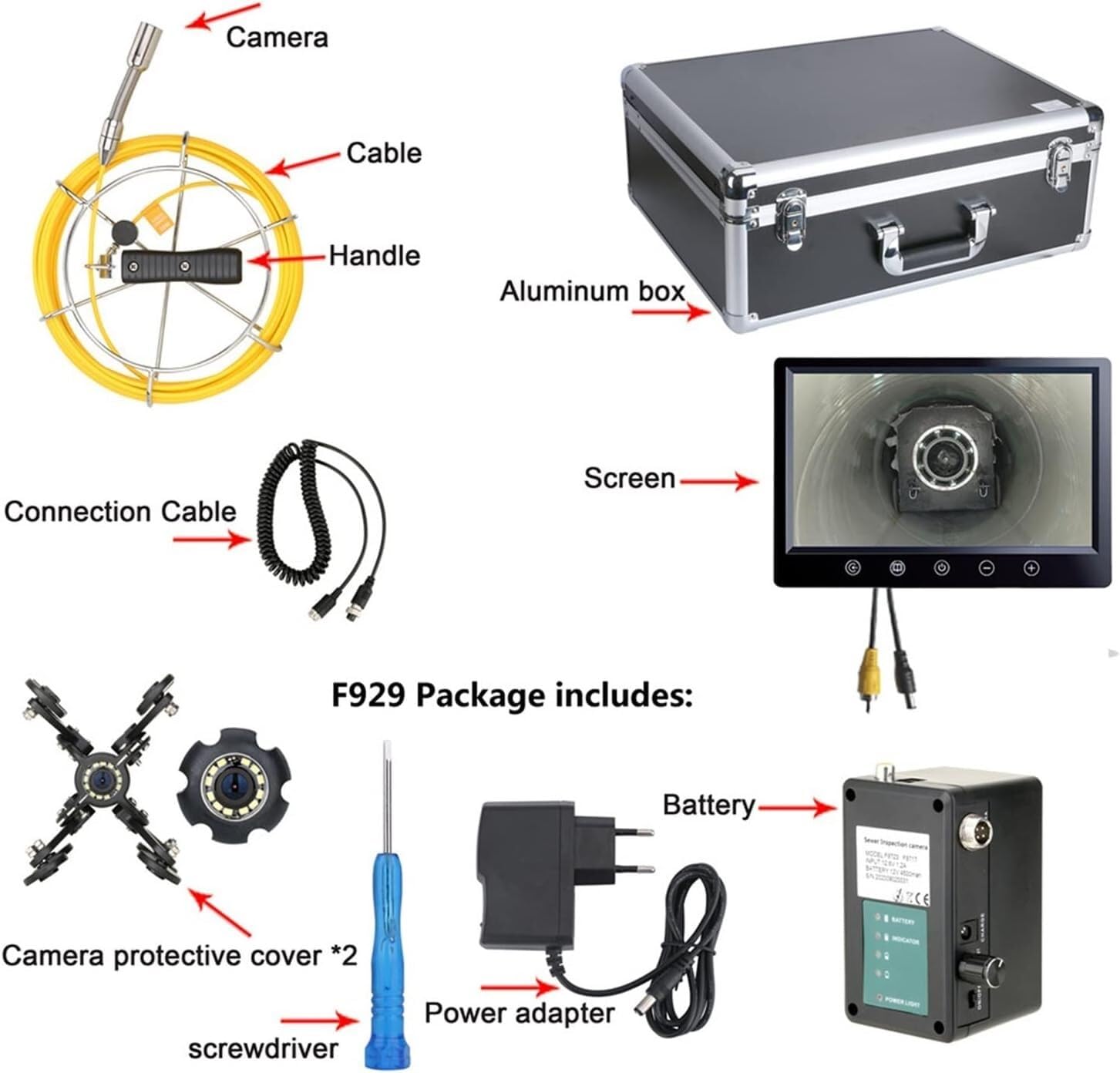 NAKEAH Monitor della Telecamera di ispezione della conduttura, IP68 HD 1000TVL Sistema di endoscopio Industriale della conduttura fognaria di Scarico con LED 12PCS (Color : Black, Size : 50m)