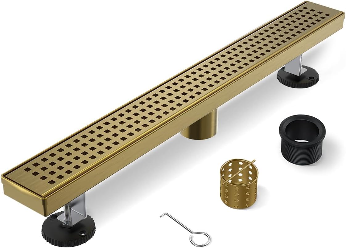 Linear Shower Drain, 42 Inch Gold Shower Drain with Removable Square Hole Cover Grate, Bathroom Modern 304 Stainless Steel Brushed Gold Shower Floor Drain with Adjustable Feet,Hair Filter