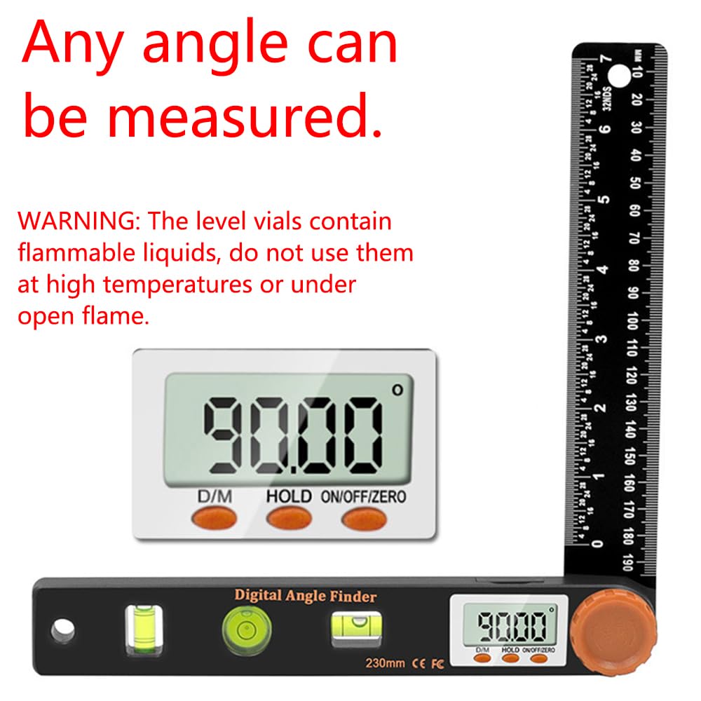 TopHomer Rapporteur d'angle numérique 190 mm avec écran LCD et niveau à bulle, outil de mesure d'angle à 360° pour le travail du bois, la construction et le bricolage