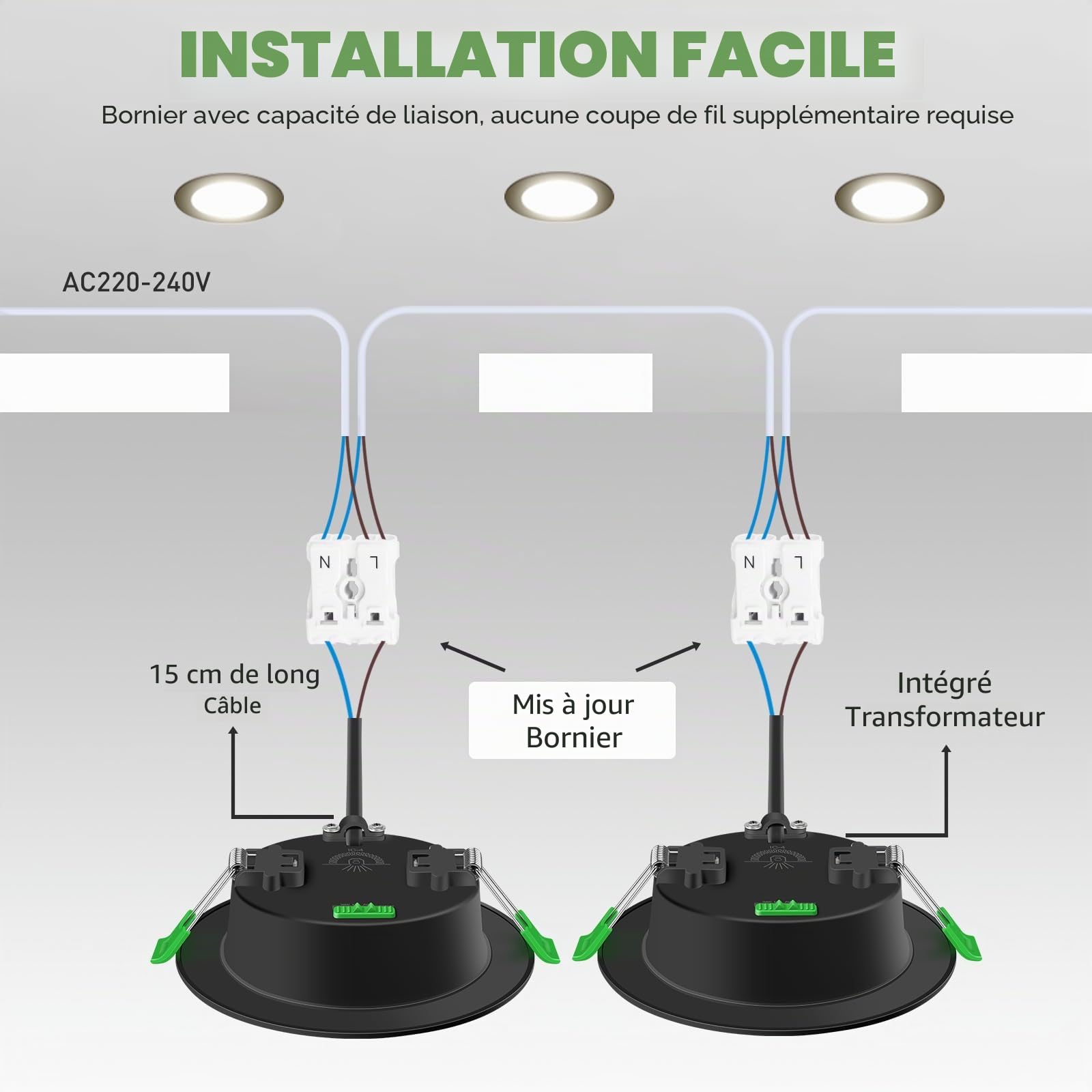 ALUSSO Spot LED Encastrable Extra Plat, 10W 1050LM Dimmable IP44 Spot Etanche Salle de Bain, 3CCT Blanc Chaud 3000K Blanc Neutre 4000K Blanc Froid 6500K, Trou Φ90-100MM, AC220-240V, Noir, Lot de 12