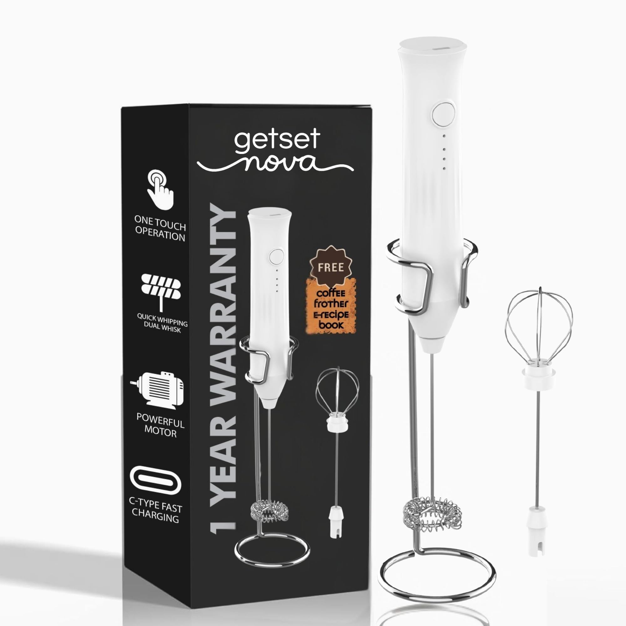 Milk Frother for Coffee, Rechargeable Electric Handheld Frother Wand with Dual Whisk, 3 Speed Settings, Fast Recharge, Powerful Motor, Handheld Mixer Electric with Stand