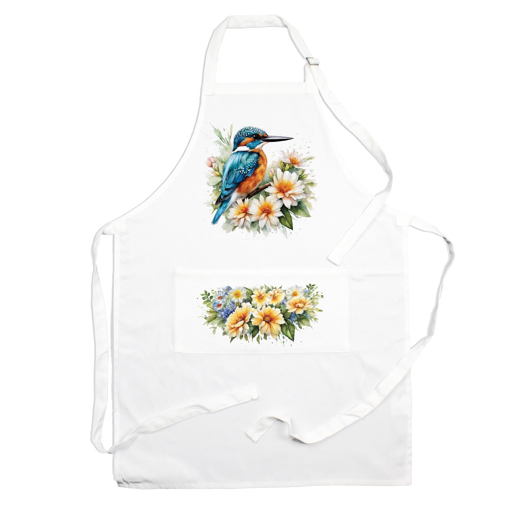 Purely Home Women's Multicolour Birds & Flowers Kingfisher Apron - Floral Gifts - Cooking & Baking Adjustable Neck/Waist Ties - Large Front Pocket Apron