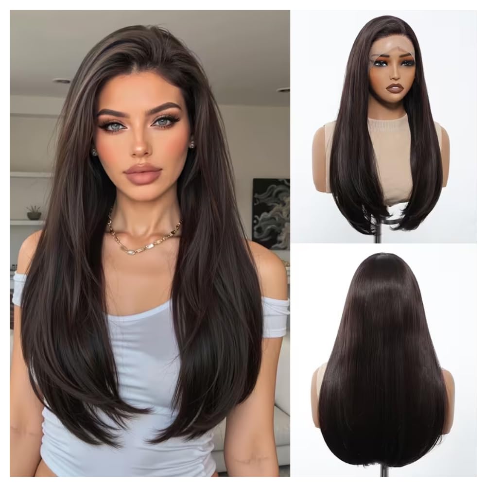 ASSU 13x4 HD Transparent Lace Front Wig Deep Brown Color 22Inch Synthetic Lace Wigs Glueless Hairs High Temperature Chemical Fiber Daily &Christmas&Music Festival&Party-Natural Look & Comfort Fit-image-20