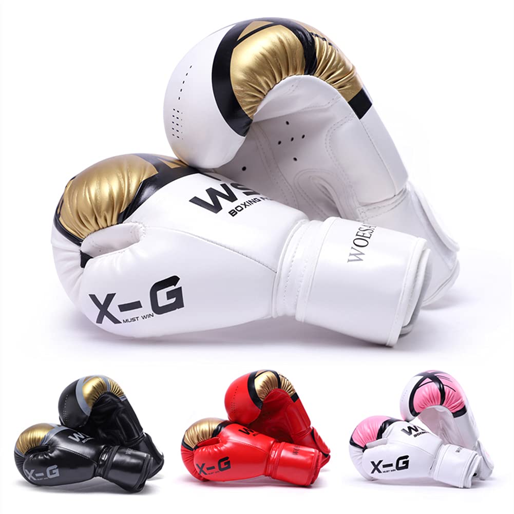 Combattimento di guanti da boxe, guanti da allenamento professionisti, per boxe, formazione, borse per punzoni, combattimenti gratuiti, grappling, per uomo e donne, qualità professionale,Bianca,6OZ