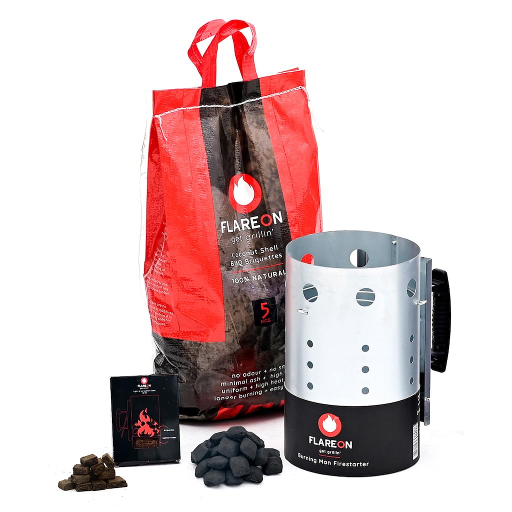 FLAREON Starter Kit - Mid-Burn Fire Starter, Coconut Charcoal Shell Barbeque (BBQ) Grill Briquettes (2 KG), Lighter'up Lighter Cubes - (12 Cubes) Set