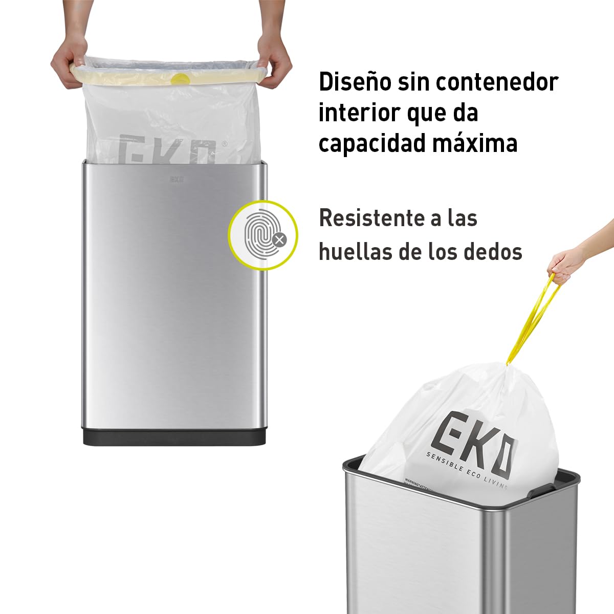 EKO Mirage-T | Cubo de Basura Cocina 50L con Sensor de Movimiento | Papelera Rectangular sin Contacto en Acero Inoxidable Cepillado