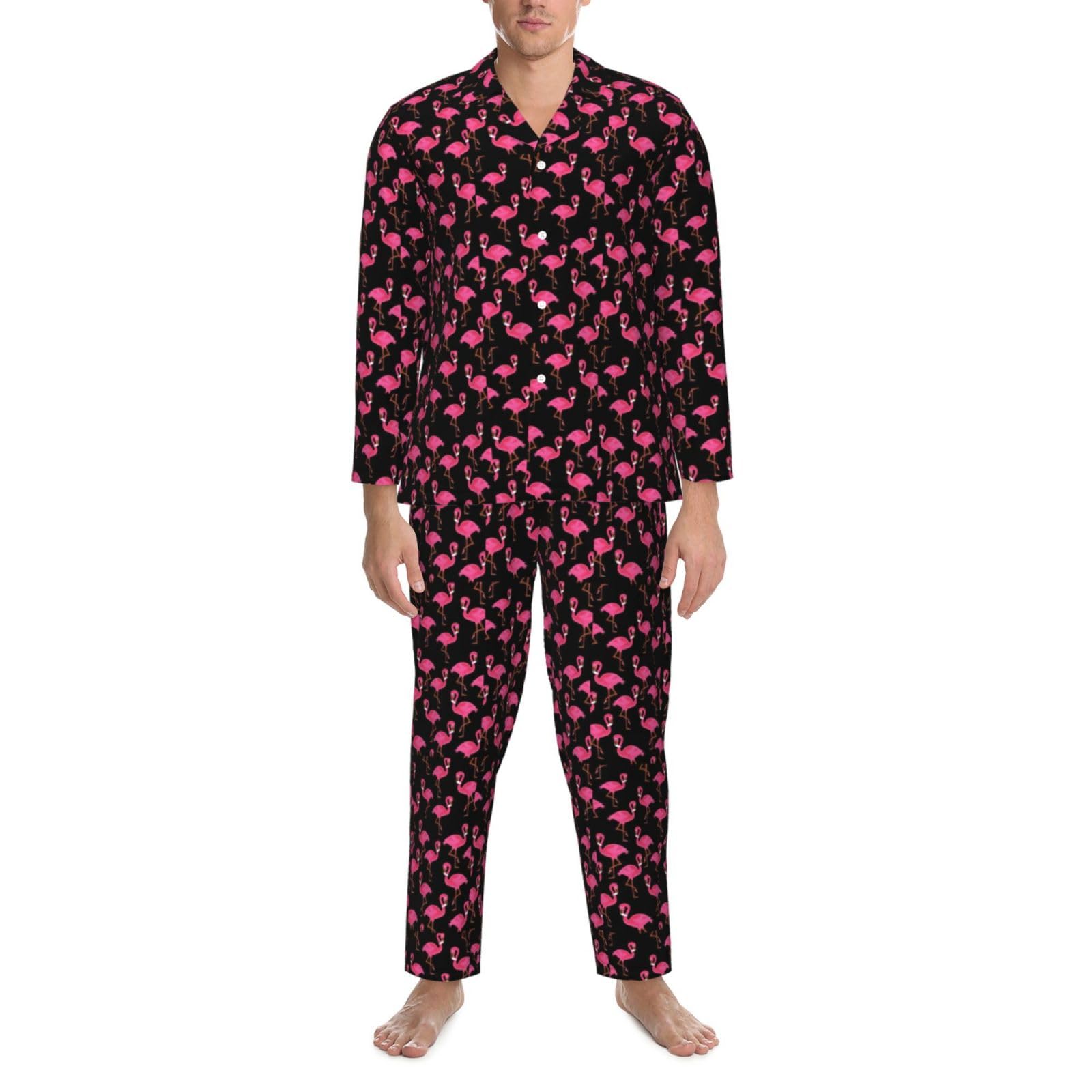 Bonito conjunto de pijama de manga larga para hombre con estampado de flamencos rosados, ropa de dormir de dos piezas, transpirable, cómoda