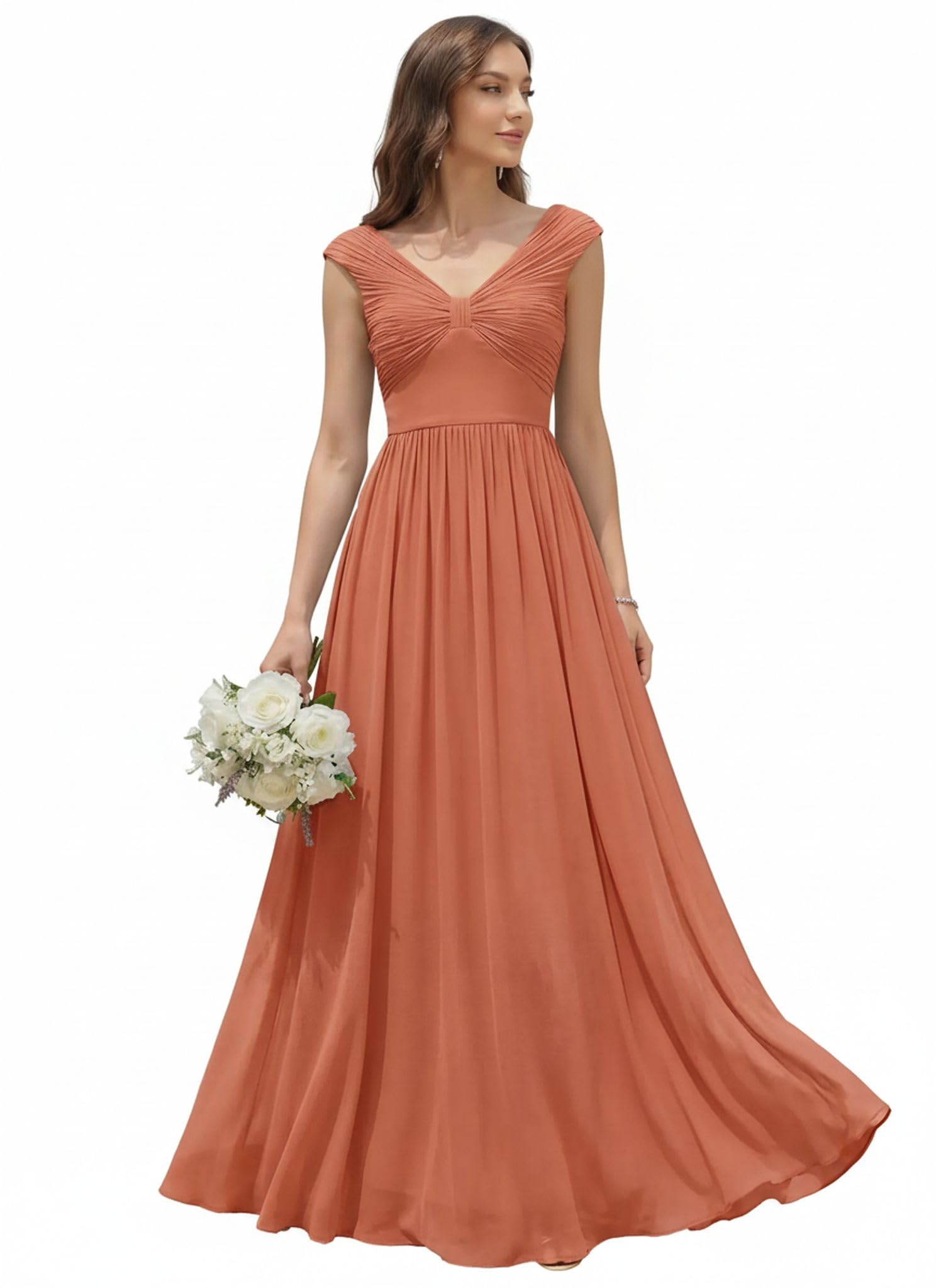 Ever-Pretty Abiti da Damigella Collo a V Senzamaniche Chiffon Maxi Gonna Svasata ES02695