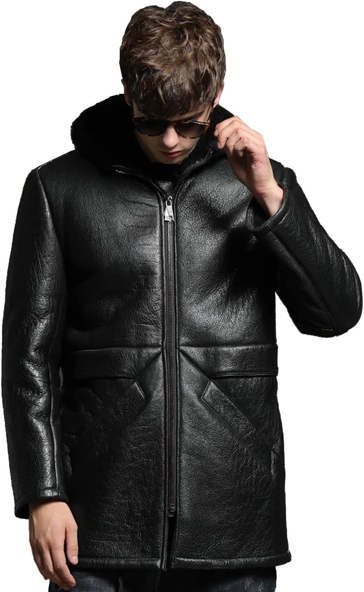 Men's Real Lambskin Leather Hoodie Faux Fur Shearling Coat Jacket