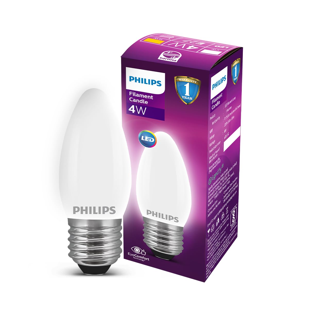 philips 4-watt 400-lumen clear candle e27 base (cool white) - decorative, ambience for chandeliers, wall lights, desk lamps, floor lamps