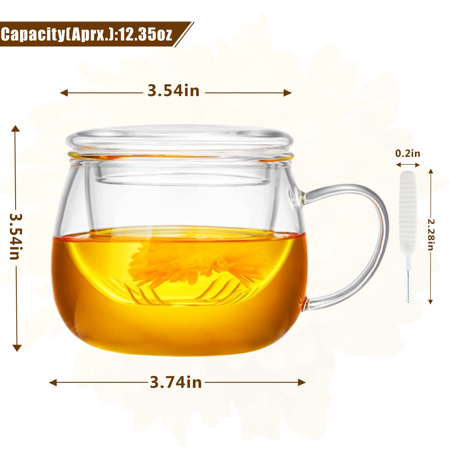 WHJY Tasse à thé en verre avec infuseur et couvercle, tasse à thé en verre de 355 ml avec passoire, tasse à thé en vrac pour une personne, tasse à thé en verre borosilicate sans plomb, résistance à la