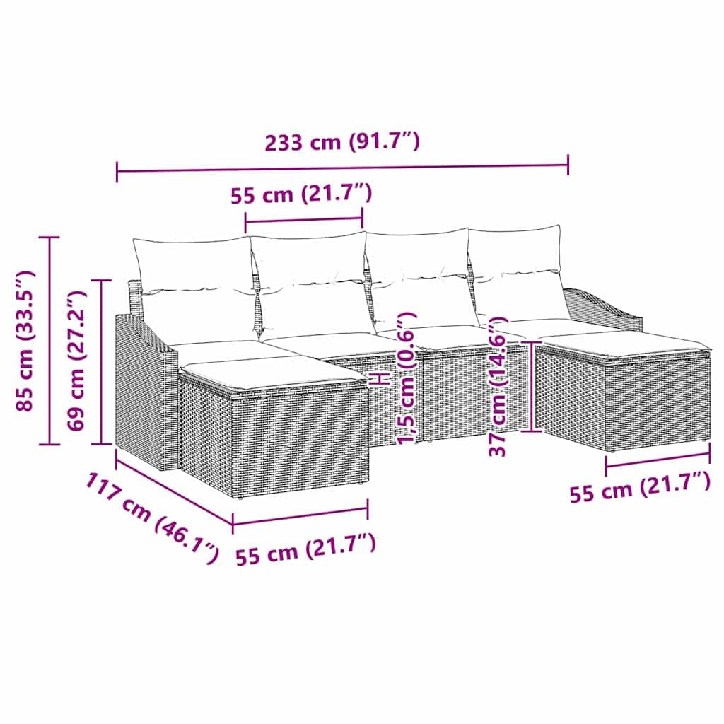 Set di divani da giardino con cuscino beige in polyrattan modulare resistente alle intemperie per relax e pranzo su terrazza, balcone o patio con tavolo regolabile e ampie soluzioni di