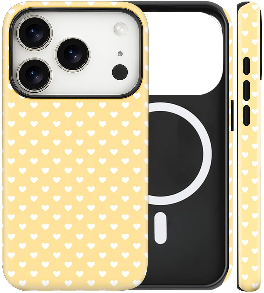 Photo 1 of flewfun Magnetic for iPhone 17 Pro Case Cute Love Heart Polka Dot Phone Case, Shockproof Slim TPU and Hard PC Protective Phone Cover Compatible with MagSafe Designed for Women Girls Love, Yellow