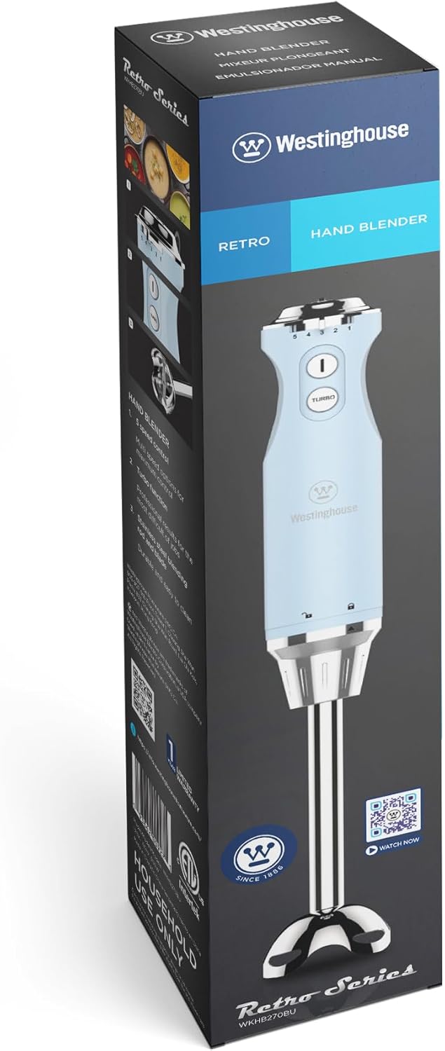 Westinghouse Hand Blender - 5-Speed Immersion Blender with Turbo Function, Stainless Steel Blades & Rod, 500W Power, Detachable Easy Clean Design, Best for Smoothies & Soups - Retro Appliance, Blue