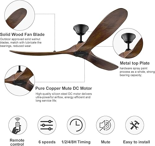 Miniatura 5 de Ceiling Fans Without Light Outdoor for Patios, 70 Inch Modern Large Ceiling Fan No Light with Remote Solid Wood Fan Damp Rated, 3 Blade Propeller