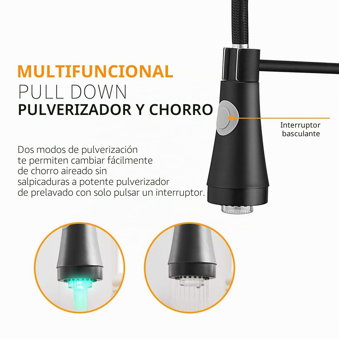 TIMACO LED Grifo de Cocina Negro con Muelle en Espiral, Rotación de 360 °, Monomando, Grifo Mixto Caliente y Frío
