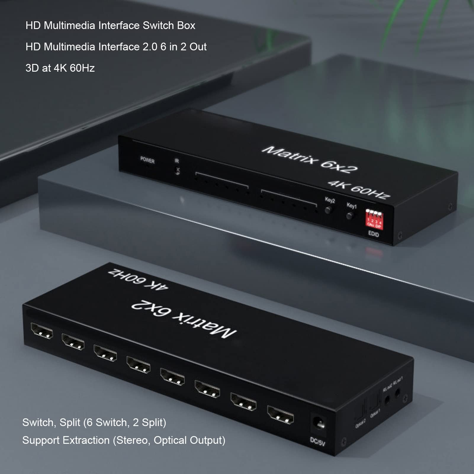 Annadue a Matrice HDMI 6x2,4K HDMI Switcher Splitter 6 in 2 out Box, Supporta Fino a 4K a 60 Hz, EDID, 3D, HDCP 2,2, 3,5 Mm + Uscita Ottica, Telecomando(EU)