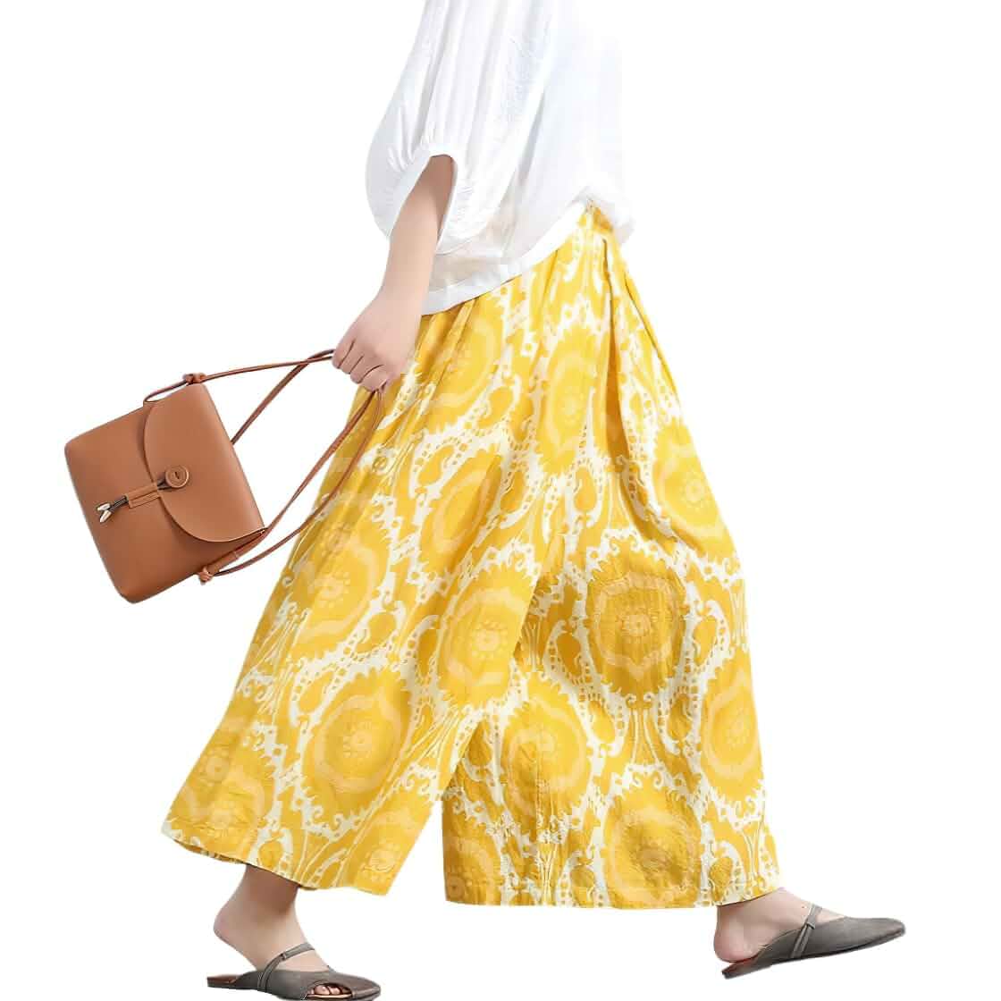 chouyatou Women's Loose Floral Printed Cotton Crop Pants Elastic Waist Wide Leg Palazzo Trousers