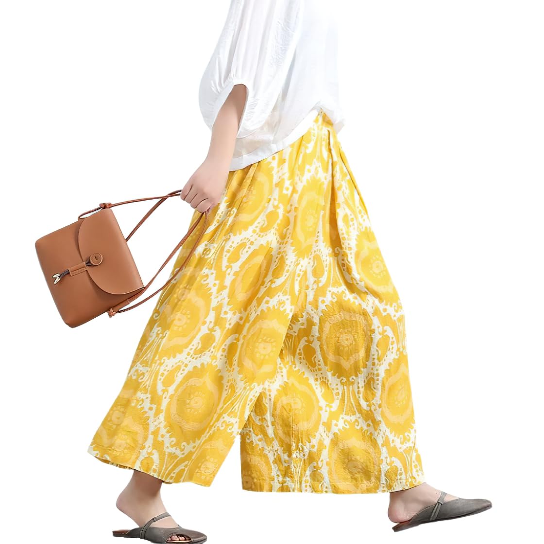 chouyatou Womens Loose Floral Printed Cotton Crop Pants Elastic Waist Wide Leg Palazzo Trousers