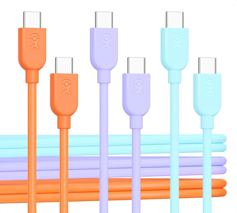 3-Pack USB C Charging Cable, 60W Charging, 6ft, Multicolor | 480Mbps Data, No Video, Supports Apple CarPlay & Android Auto, for iPhone 17/16, Galaxy S24, Orange Blue Purple