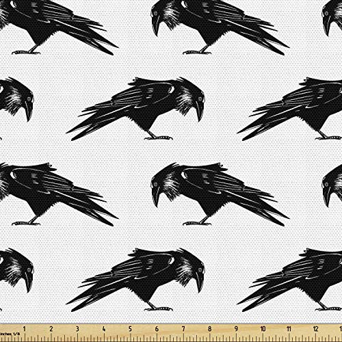Lunarable Raven Fabric by The Yard, Ink Drawn Style Black Birds Pattern of Wisdom Gothic Culture Inspiration, Decorative Fabric for Upholstery and Home Accents, 1 Yard, Black and White