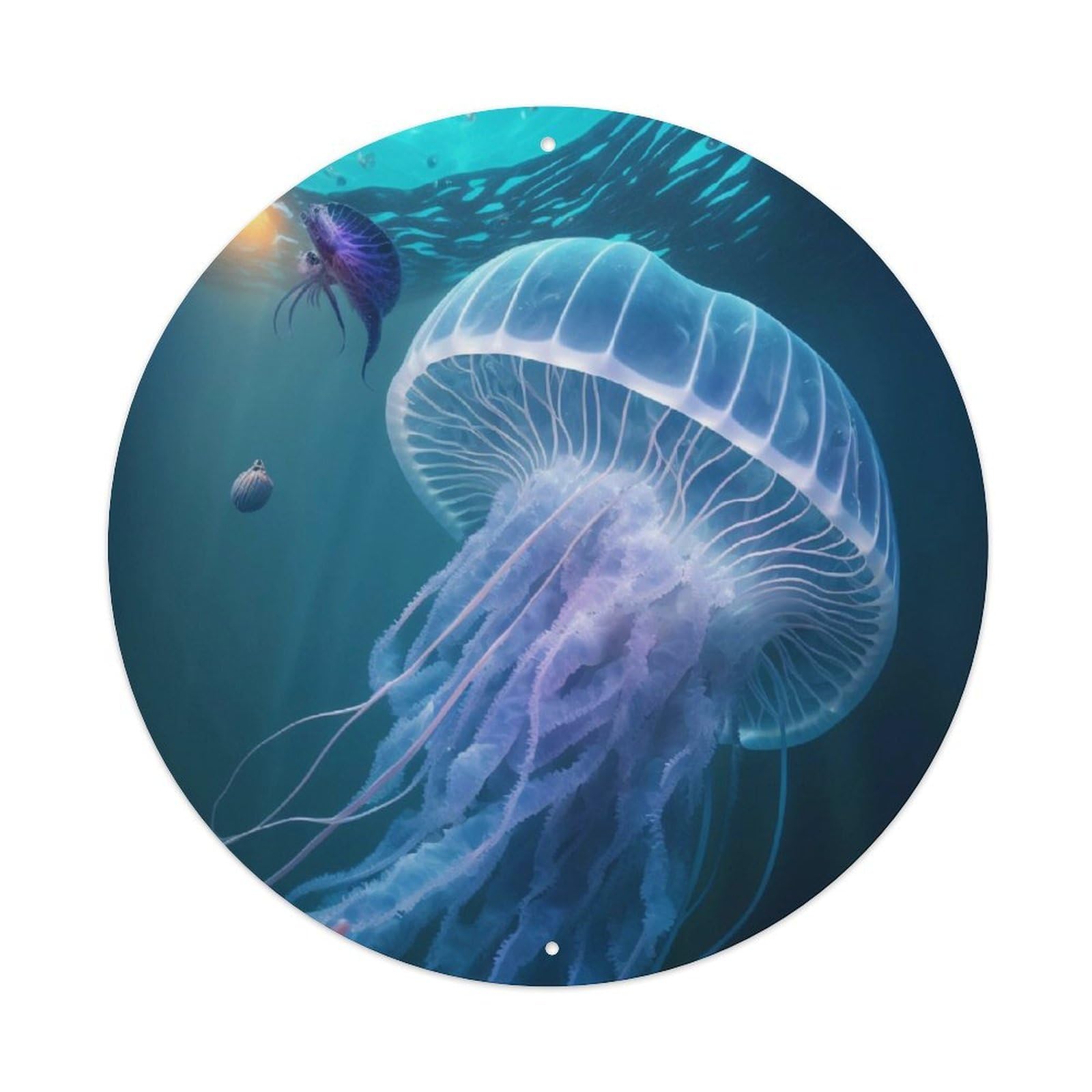 Jellyfish in The Sea Animal Vintage Metal Tin Sign Plaque Wall Decor for Cafe, Club, Garden Round Metal Poster 8x8Inch