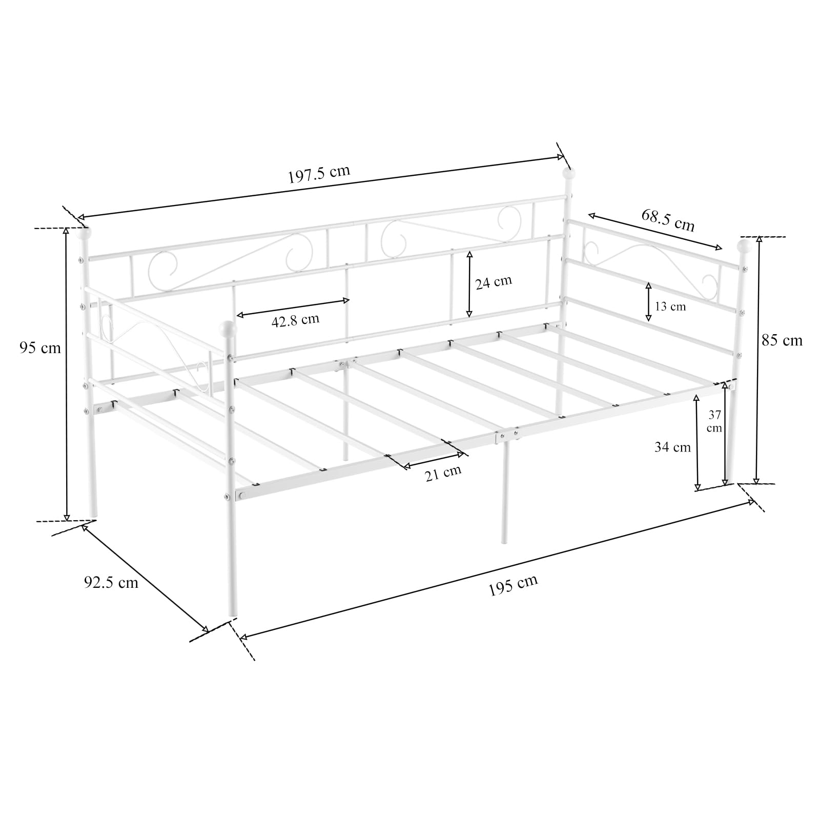 Cama de Forja 90x190 Blanca, Cama Individual/Sofá Cama Multifuncional para Día, Habitación Juvenil, Estudio o Sala, Estructura Cama Robust con Patas (Sin Colchón)