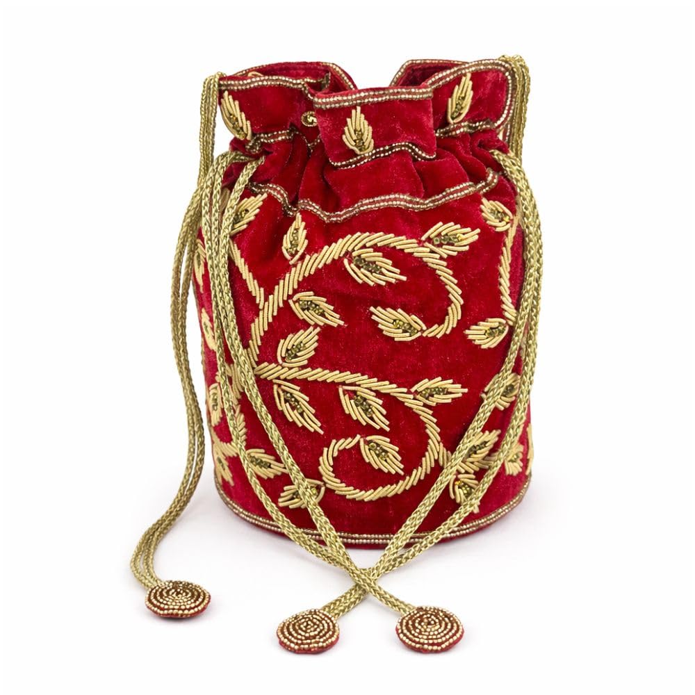 Zardosi Handwork Embroidery Potli Bag for Women – Red Ethnic Bridal Clutch Pouch with Solid Base | Traditional Wedding, Party & Festive Potli Purse | 8 x 6 Inch-image-11