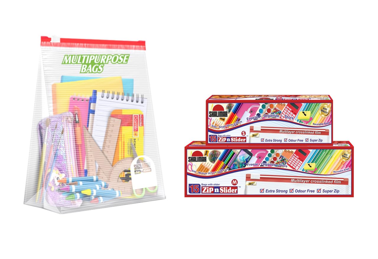 Shalimar Zip 'N' Slider Bags | Combo Pack (Small + Medium) | Pack of 30 Bags | Ziplock/Multi-Purpose Storage Bag | Reusable & Reclosable with Slider Lock | Color - Natural