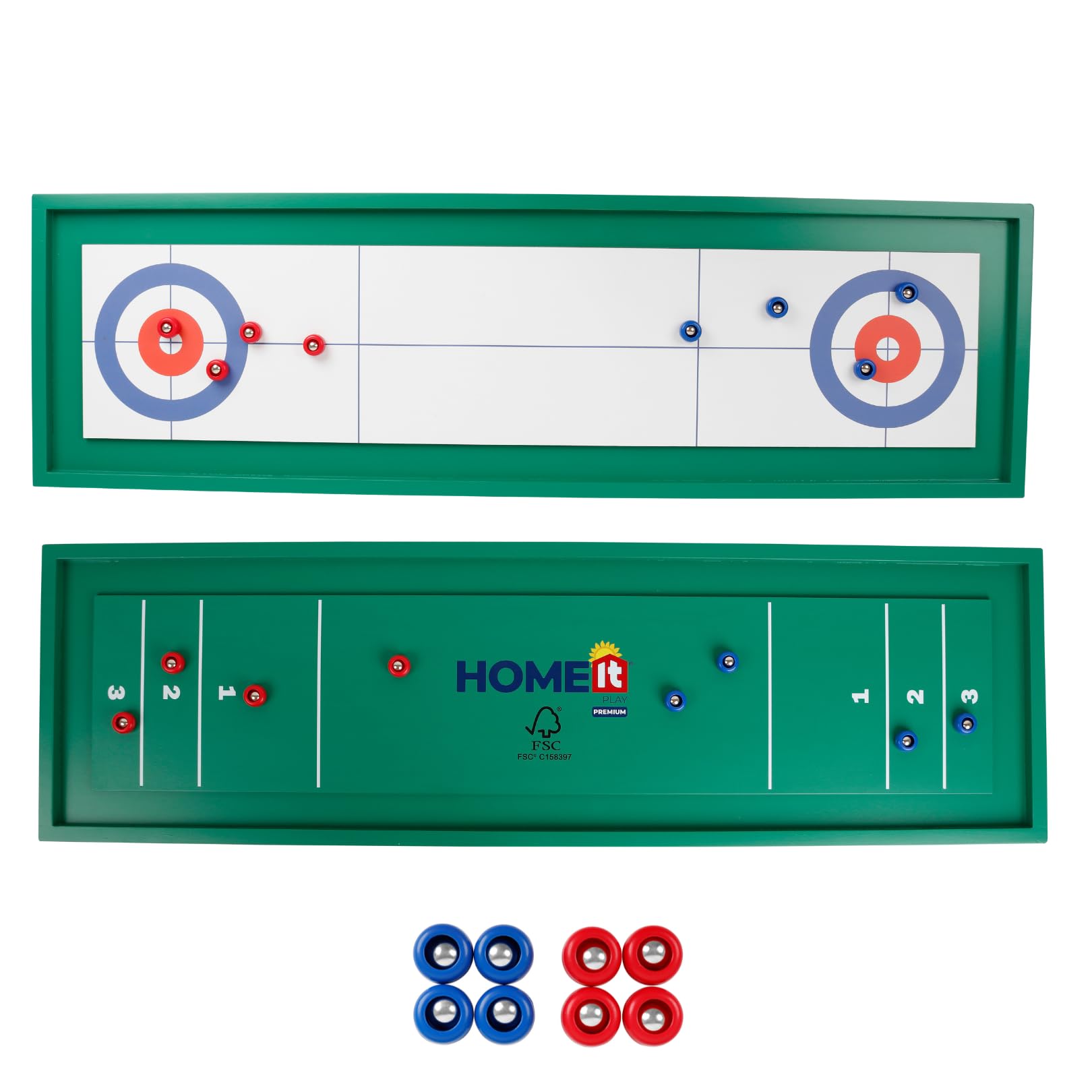HOME It® Shuffleboard de madera reversible con 4 discos rojos y 4 discos azules - 115 x 34 x 4 cm (largo x ancho x alto)