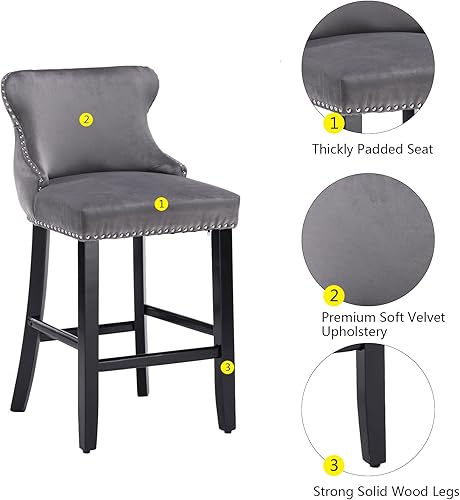 Miniatura 7 de mikibama Juego de 2 taburetes de bar de terciopelo con respaldo de ala, tapizados con botones y patas de madera maciza, taburetes de bar acolchados