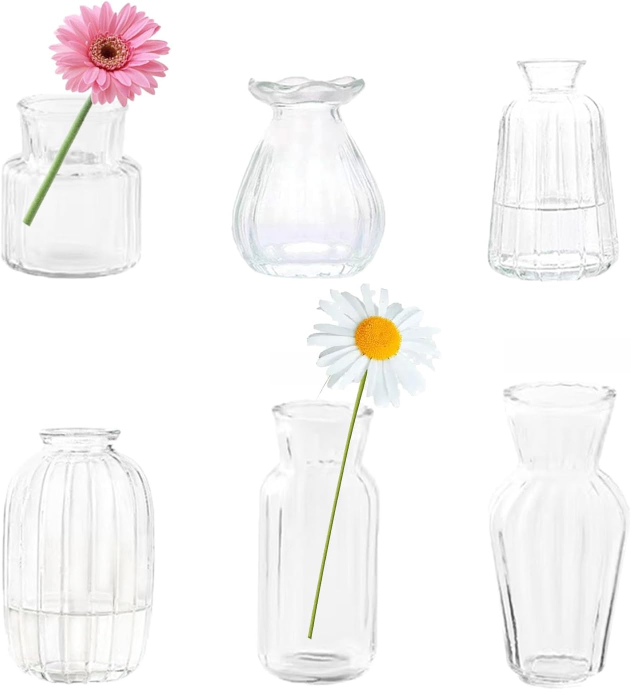 Bud Vases in Bulk Small Glass Clear Vertical Stripes Vase Set of 6 Different Shape Vintage Mini Tiny Vases Modern Cute for Home Flowers Table Wedding Decor Centerpieces Party Dining Room