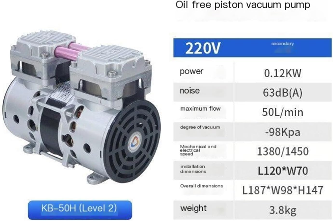 Quiet Maintenance Free Vacuum Pump, KB-50H 220V high-Suction Small Oil Free Vacuum Pump for Industrial lab use