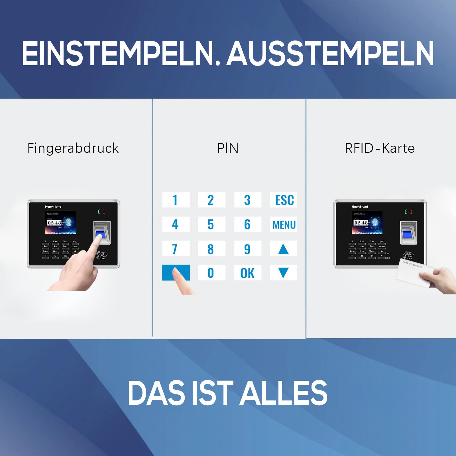 Zeiterfassung für Kleinbetriebe, Deutsche Ausgabe Stempeluhr Zeiterfassung mit Chip, arbeitszeiterfassung für Kleinbetriebe Mitarbeiter mit Fingerabdruck, RFID und PIN, 0 monatliche Gebühren