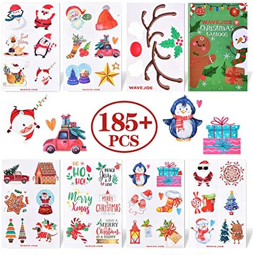 185+PCS Christmas Temporary Tattoos for Kids Stocking Stuffers, Watercolor Style Xmas Holiday Decals Goodie Gift Party Favors