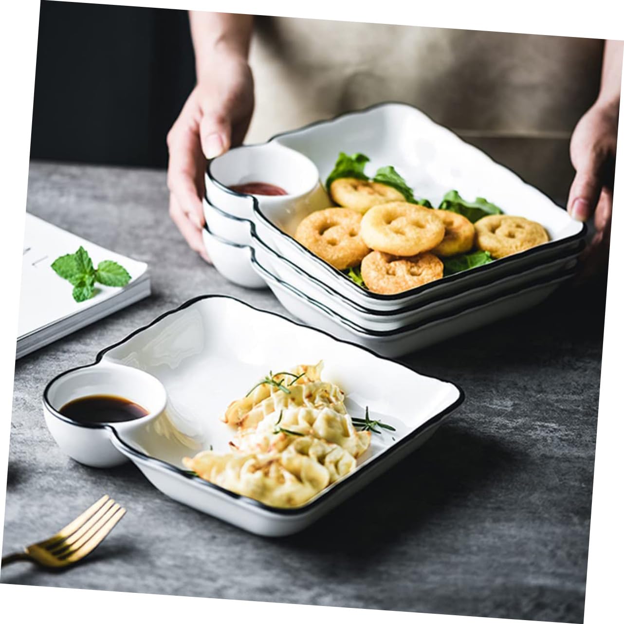 CIYODO 2pcs Dumpling Plate Serving Dishes Fruit Dip Dumpling Dip Plate Dumpling Sauce Snack Serving Tray Porcelain Sushi Plates Sushi Saucer Tray Japanese Dip Plate Dumpling Tray Ceramics