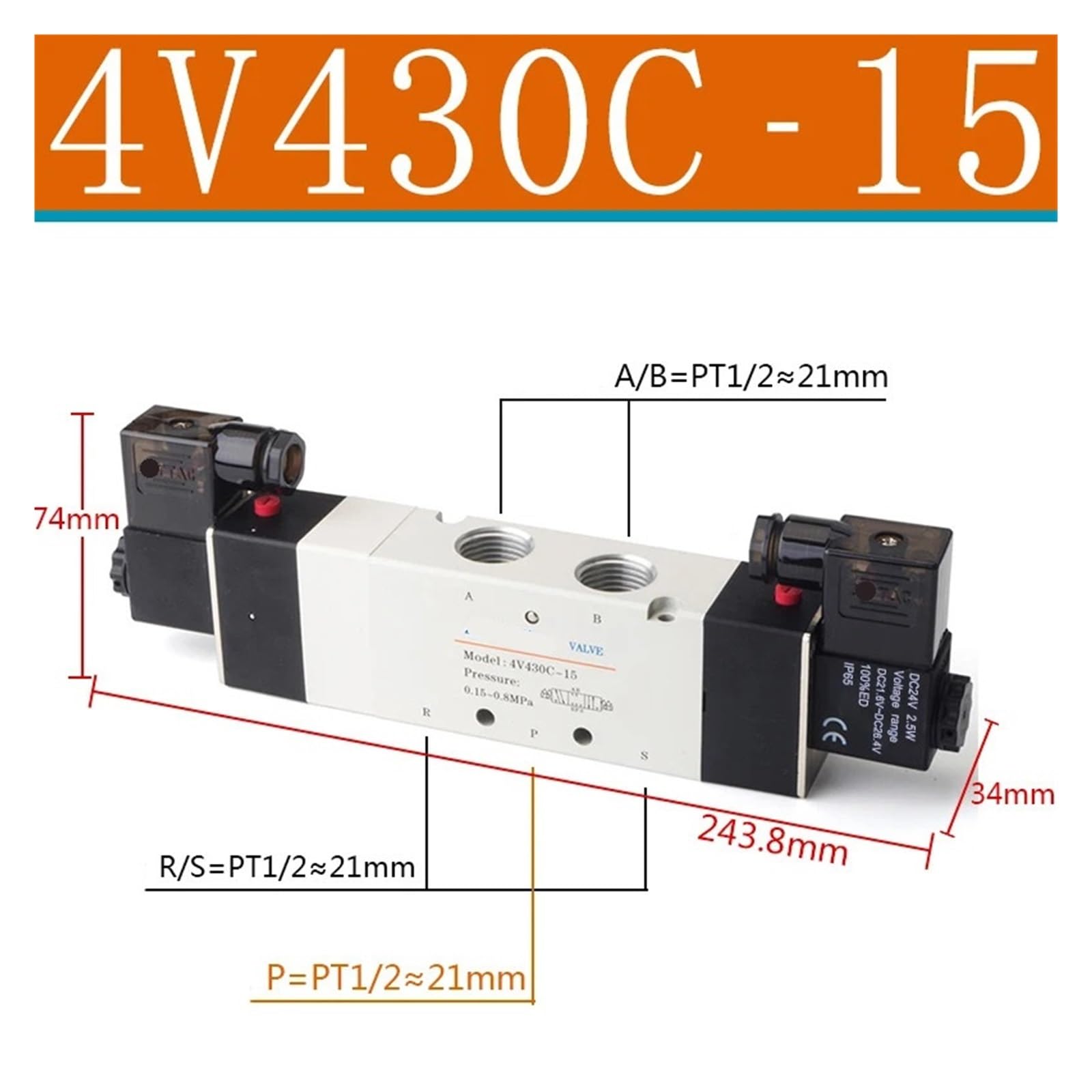 4V210-08 4V310-10 4V410-15 pneumatyczny elektryczny zawór elektromagnetyczny Sterowanie kierunkowe, zawór magnetyczny, 24V, 220V (4V430C-15)