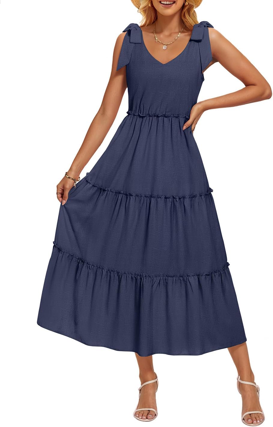 ZESICA Women's 2026 Summer Boho Sleeveless Midi Dresses Casual V Neck Spaghetti Strap Flowy A Line Tiered Beach Long Sundress