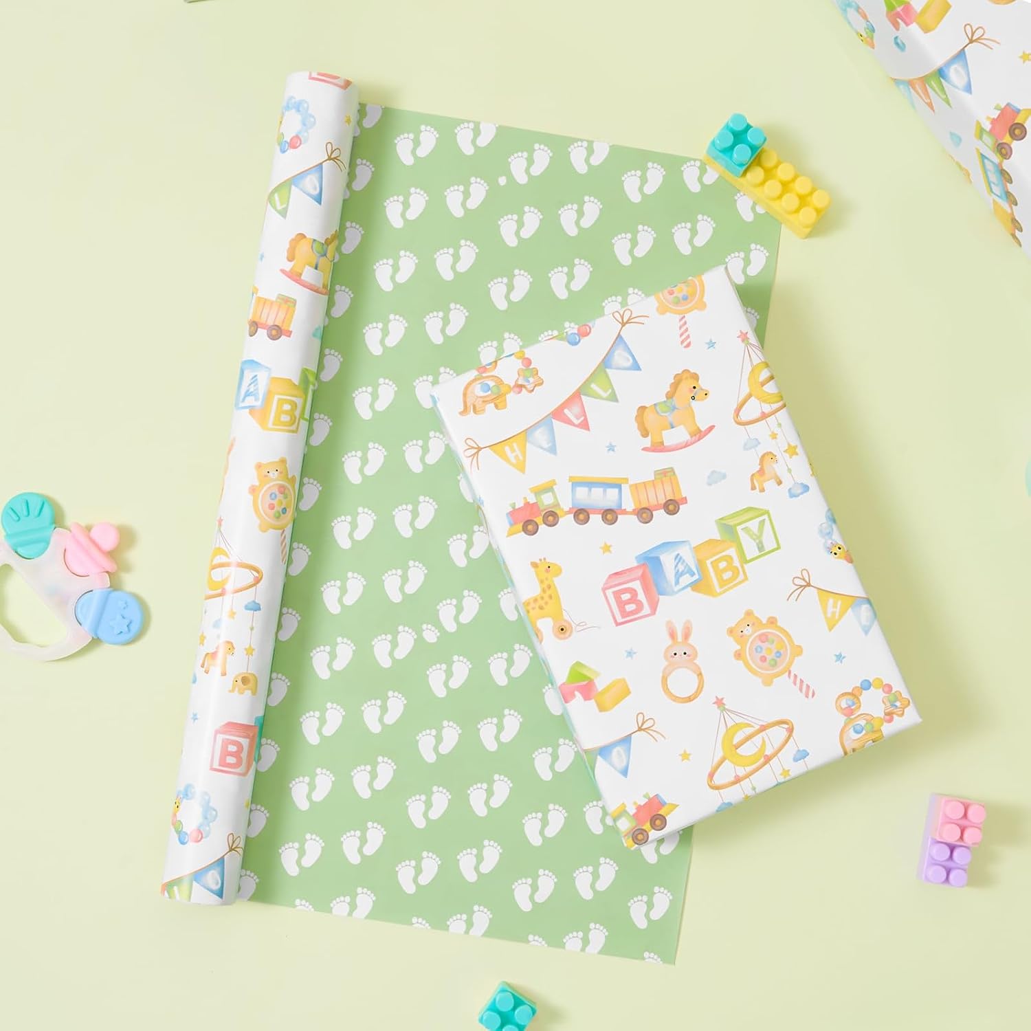 WERNNSAI Baby Shower Wrapping Paper - 1 Roll 17”x 33 ft Gender Neutral Baby Gift Wrap Newborn Toys Design Gift Packing for Boy & Girl Party Decor Reversible Footprint Print