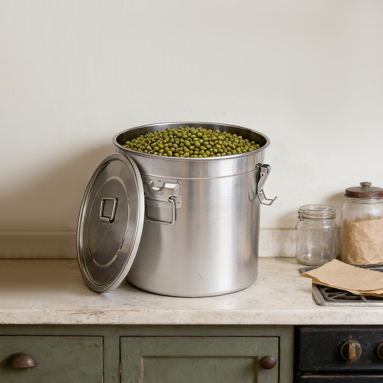 Contenitore ermetico in acciaio inox da 33 l, con coperchio e anello di tenuta in silicone, grande contenitore per alimenti, per riso, farina, cereali e tè, secchio in metallo per cucina e scorte