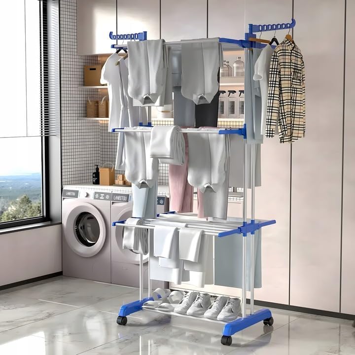 Stendibiancheria Verticale a 3 Livelli con Ruote – Stendino Salvaspazio Richiudibile in Acciaio, Pieghevole e Portatile, con Bracci Laterali per Appendini – Per Interno ed Esterno