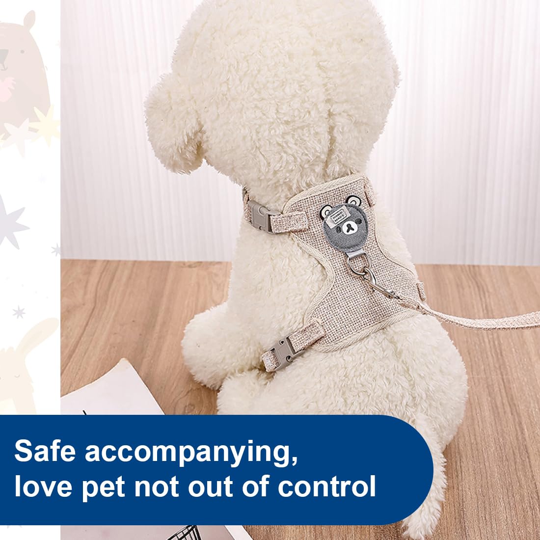 Guinzaglio e Pettorina per Coniglio Nano - Imbracatura Regolabile con Accessori per Piccoli Animali, 120cm, per 1-1,5 kg (Beige)