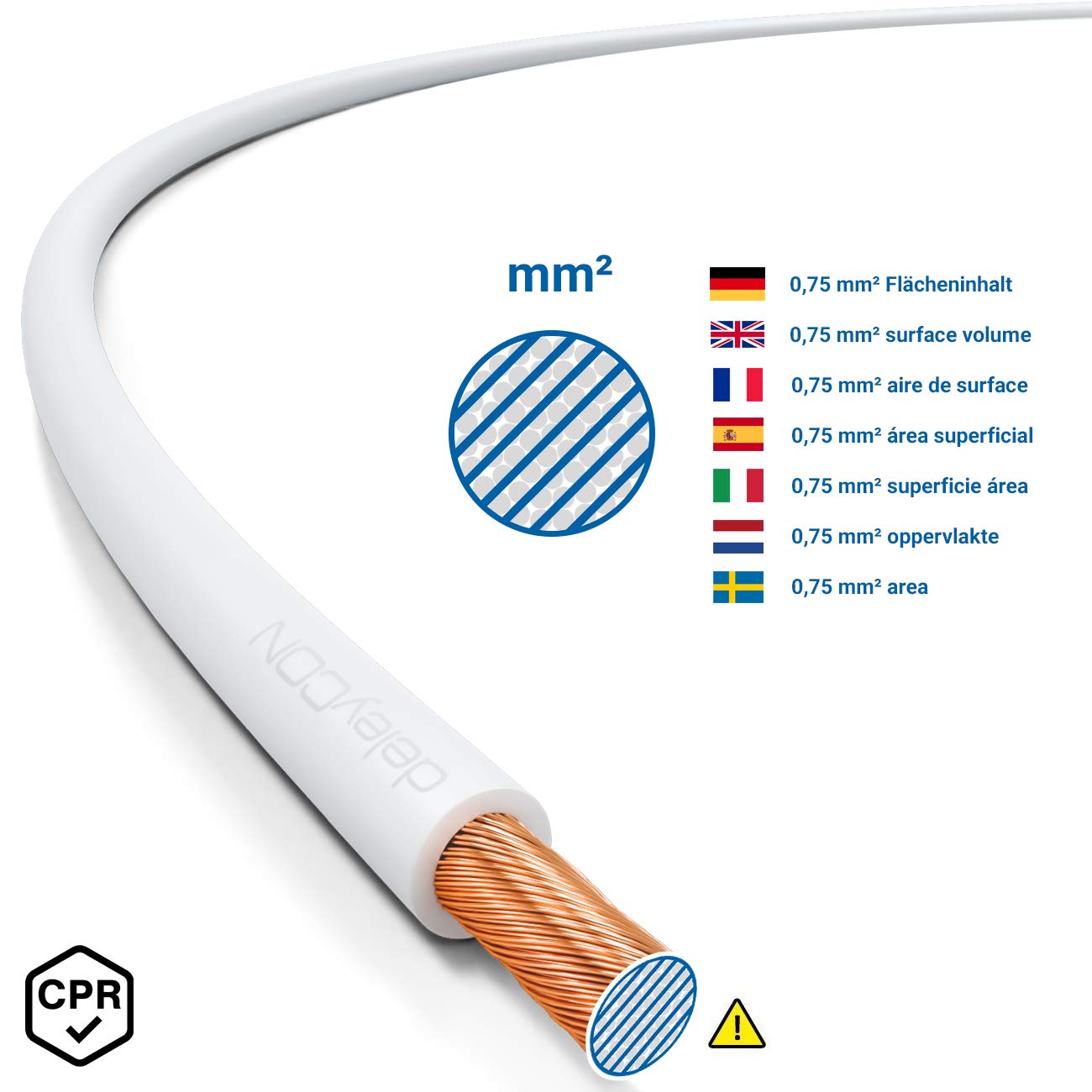 deleyCON 10m kabel głośnikowy box kabel 2x 0,75mm² aluminium powlekane miedzią oznaczenie biegunowości CCA 2x24x0,20mm linka BauPVO/CPR - biały