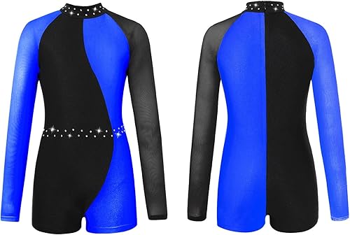 Miniatura 3 de Aislor Leotardo de baile con lentejuelas y diamantes de imitación para niños y niñas, de malla, manga larga, retazos, traje de bailarina, Azul Real