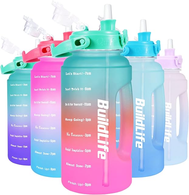BuildLife 2.2 Litre Water Bottle - Removable Straw & Motivational Time Markings BPA Free Leakproof Resuable Large Sports Drinks Half Gallon Water Jug for Gym Travel School (2.2 Litre,Green Pink)