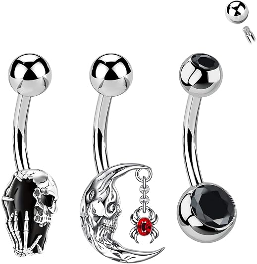 3Pcs Halloween Belly Button Rings 14G 10mm 316L Stainless Steel Internally Threaded Belly Button Navel Piercing Jewelry Skull Navel Ring