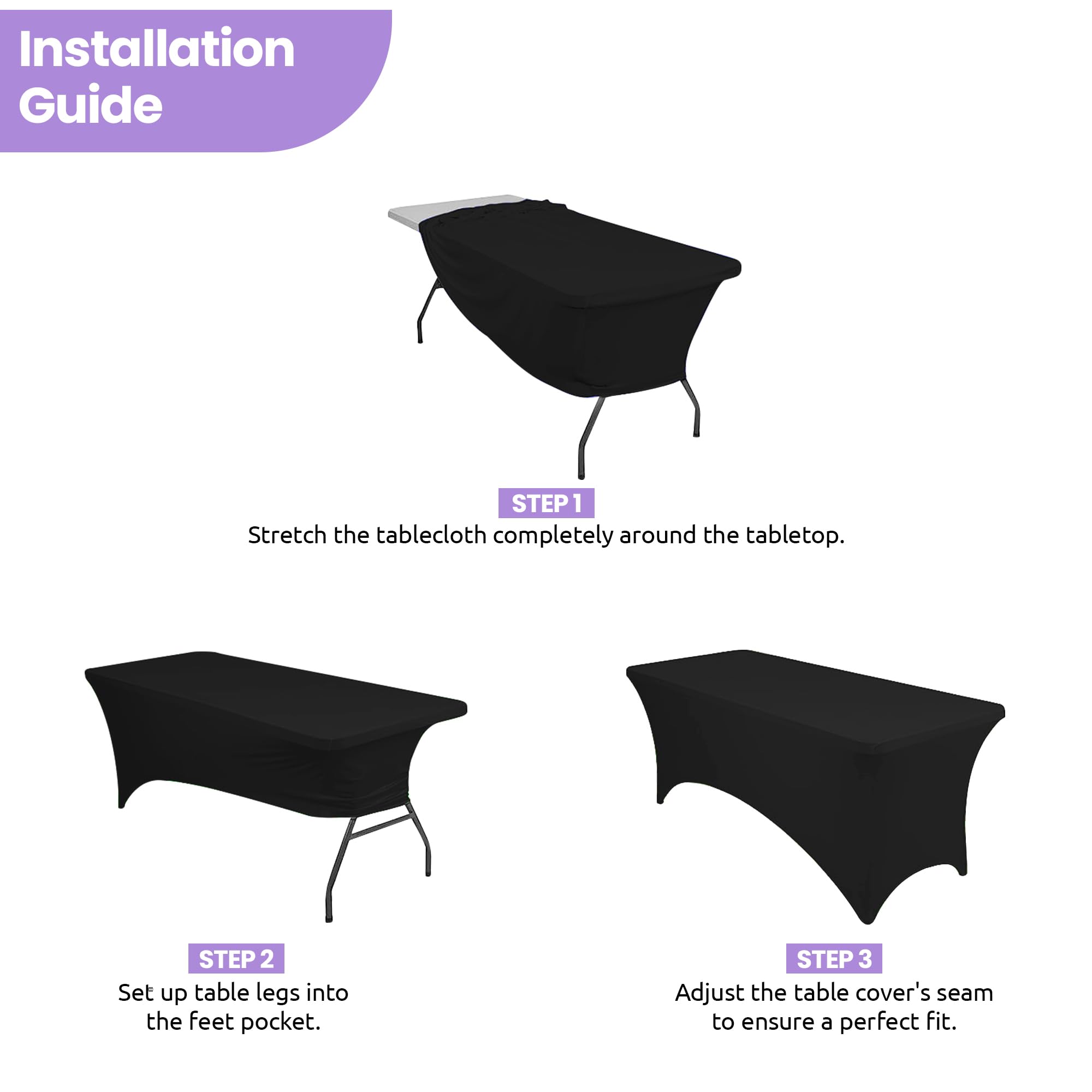 Event Decor Shop Mantel rectangular elástico negro de 8 pies, mantel de elastano elástico resistente para mesas de tartas de boda, bufés de catering, cabinas de DJ y decoración de eventos, 5 unidades