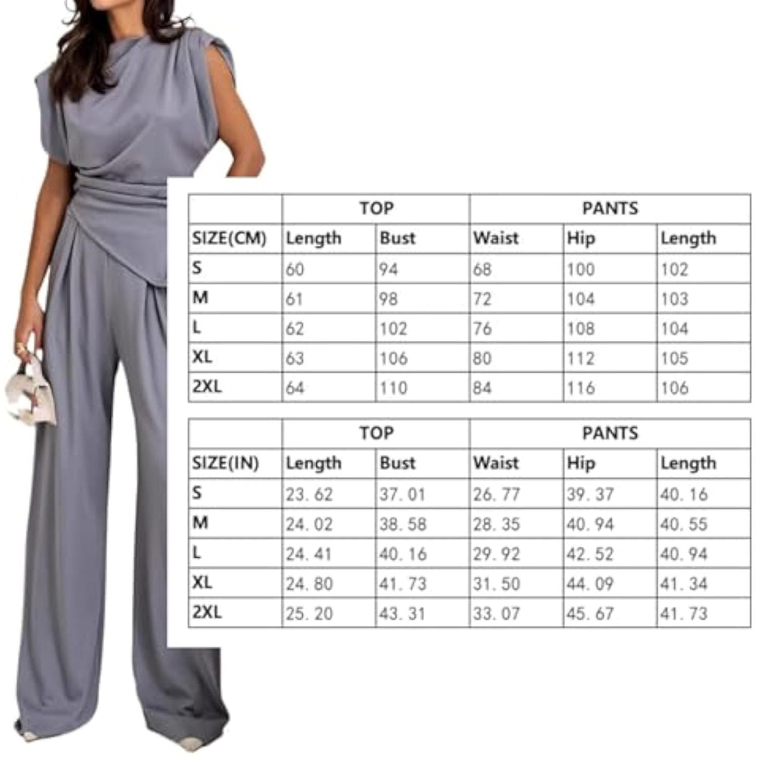 Costume décontracté à col rond et manches plissées pour femme, couleur unie, col ras du cou irrégulier, pantalon large avec poche