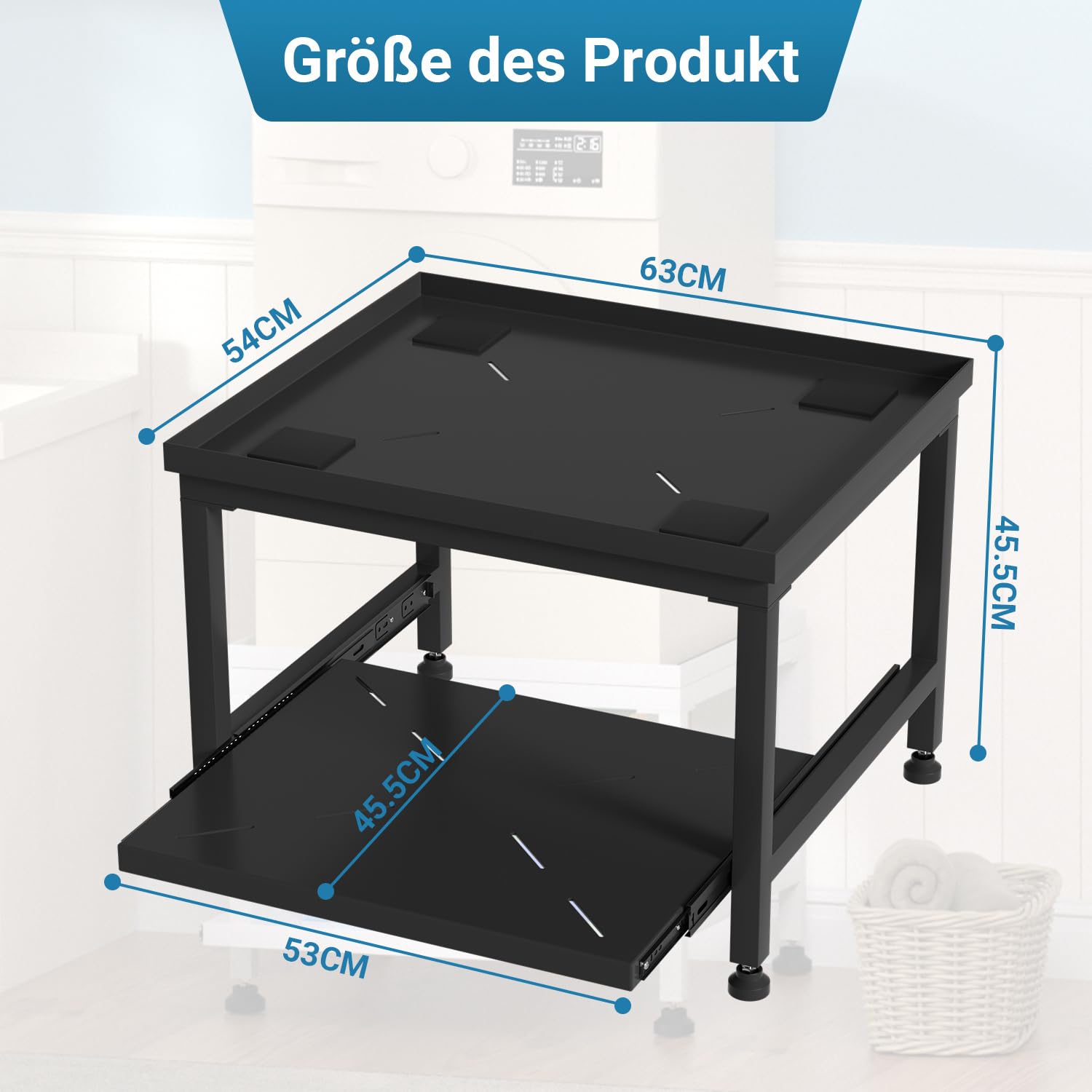 Waschmaschinen Untergestell Tragkraft 200kg, Höhenverstellbar 45cm,Mit Ausziehbarer Ablage,Anti-Vibration,Sockel für Trockner, Kühlschrank, Waschmaschine,Schwarz