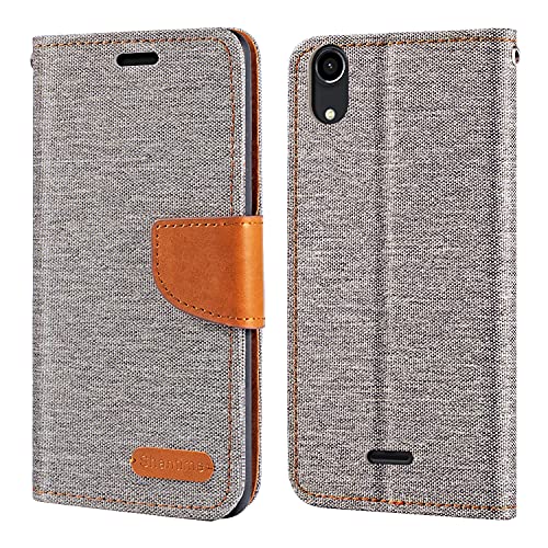 Shantime Étui Portefeuille Tissu Oxford Compatible avec Wiko Rainbow Lite 4G, Coque Magnétique Durable avec Fentes Cartes et Support(Gris)